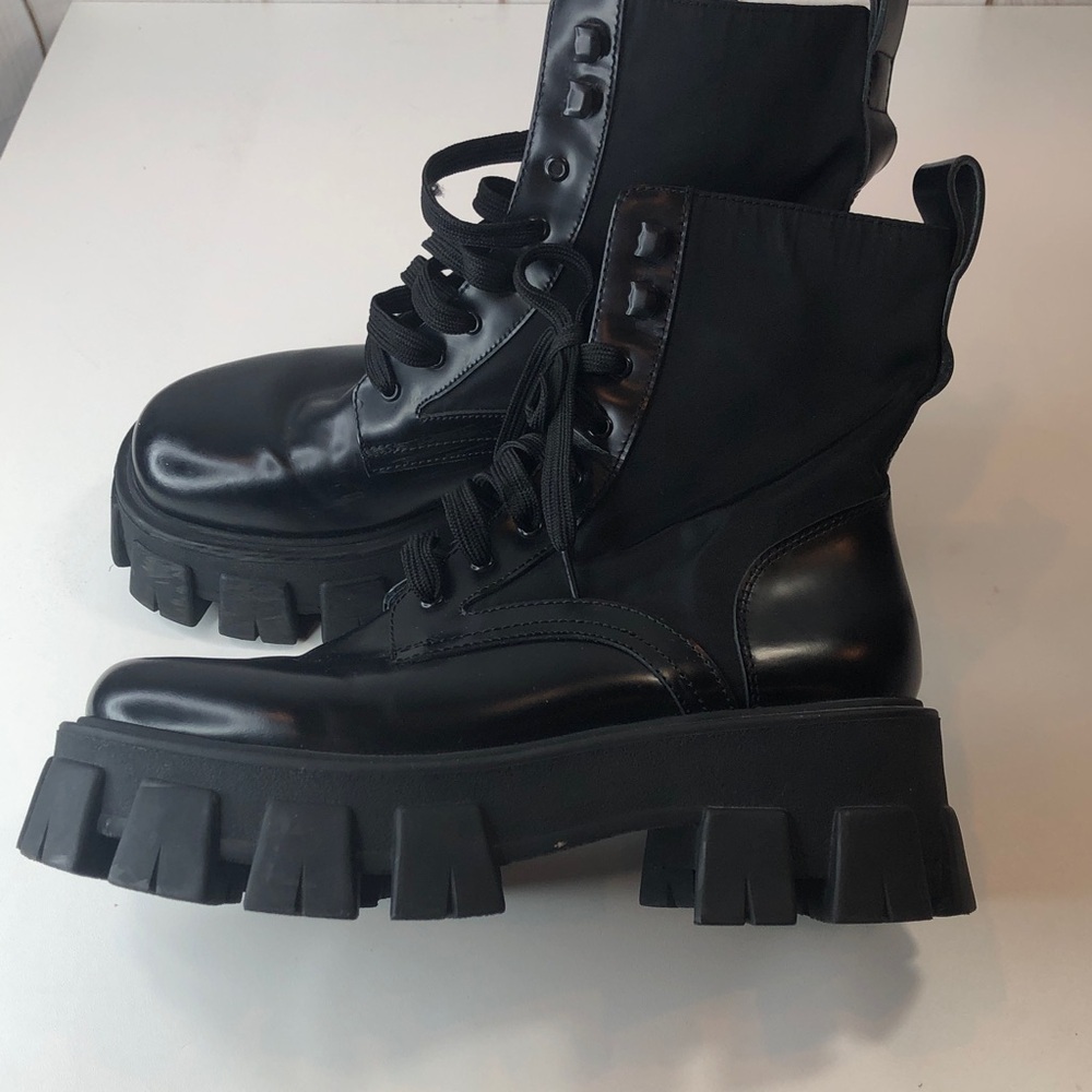 Prada Black Leather & Nylon Lug Sole Platform Combat Boots EU 38 Made in Italy - Picture 3 of 17
